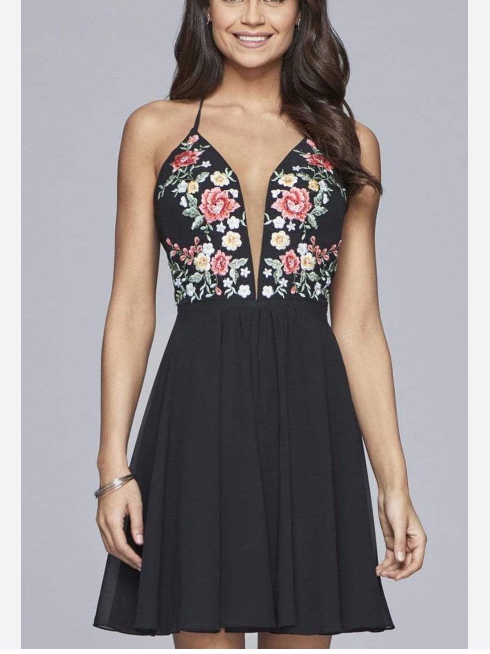 Faviana Black V-Neck A-Line Floral Dress 10150